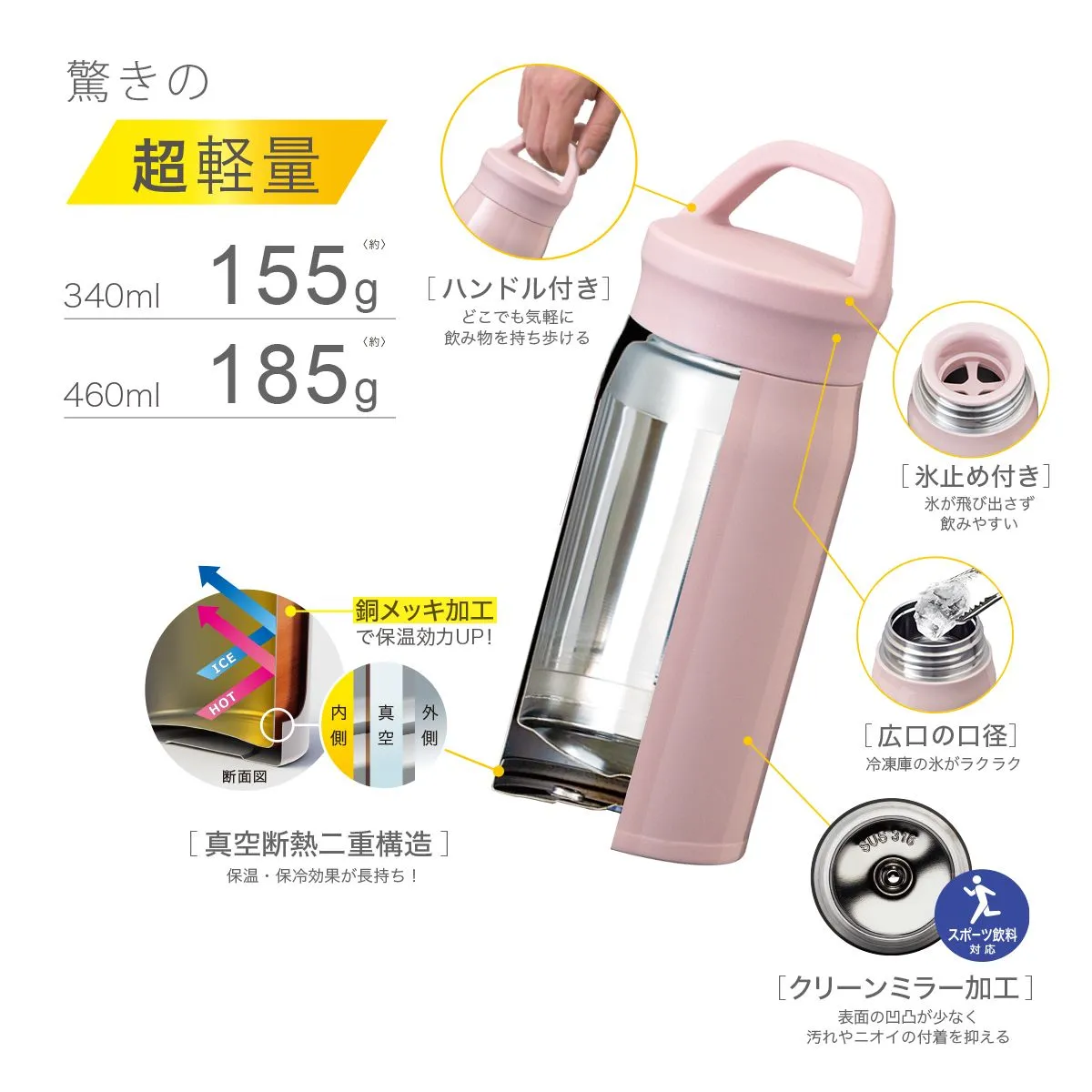 エアリストスポーツ 超軽量ステンレスボトル 持ち手付き 340ml【オリジナルステンレスボトル / 回転シルク印刷】 画像11